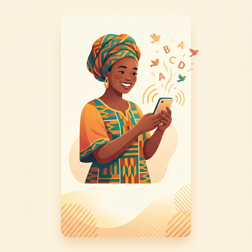 A woman in a head wrap smiling at her phone as letters fly from it like birds